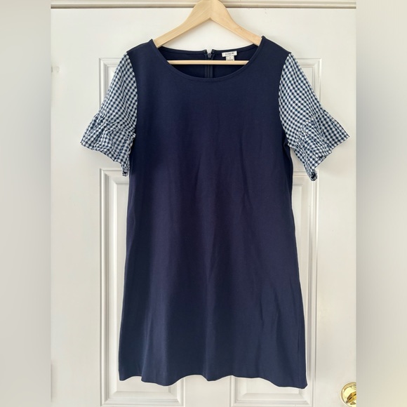 J Crew Factory Printed Bell-Sleeve Check Gingham Print Blue Dress Size M… - Picture 2 of 10